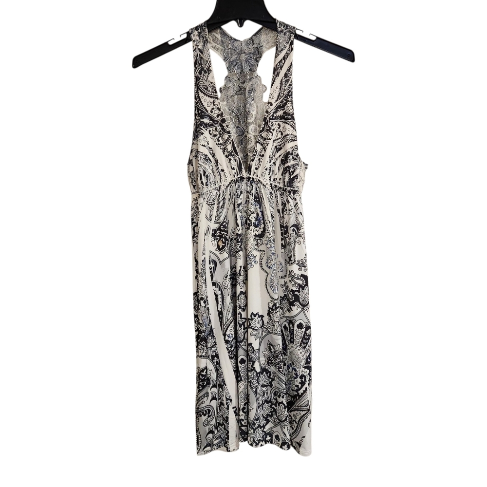 S-Twelve Womens Sz L Mini Dress Y2K Embellished Lace Back Low V Neck Sleeveless